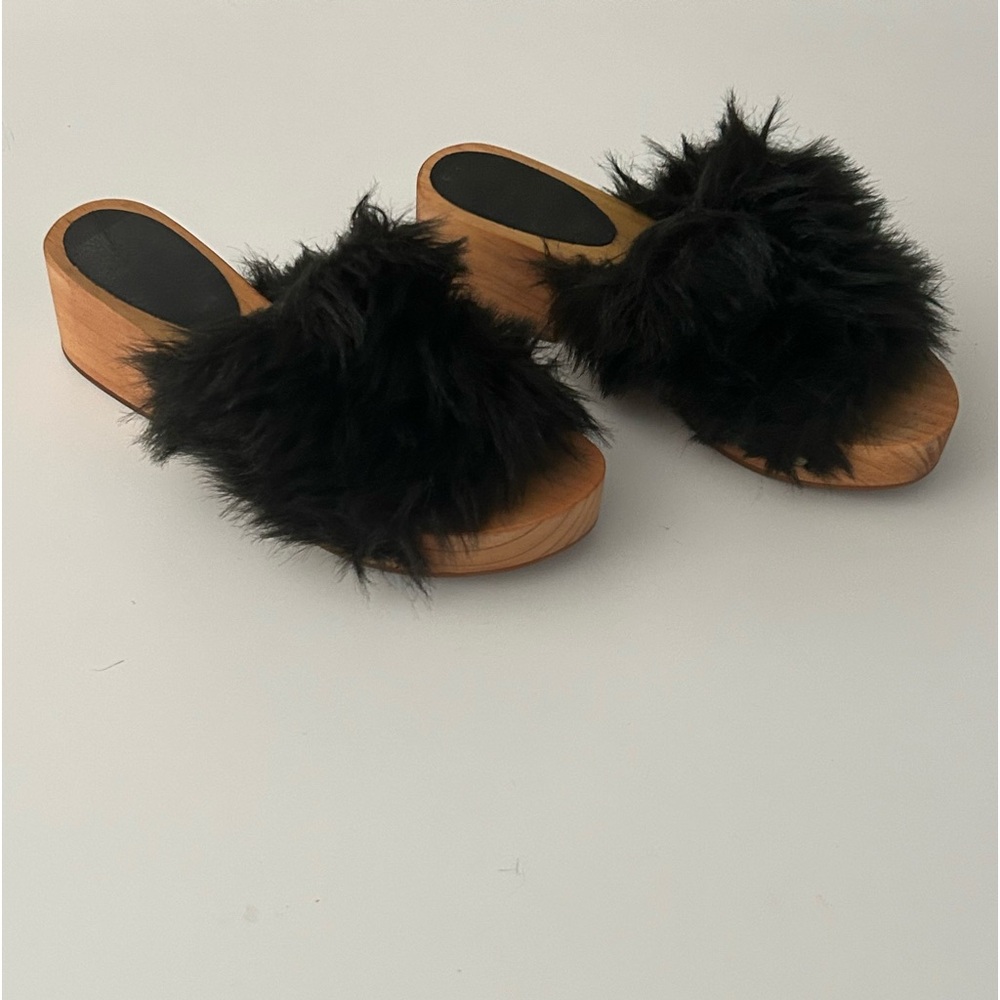 Free People Black Fur Sonnet Wooden Slip On Peep toe Clog Sandal size 36